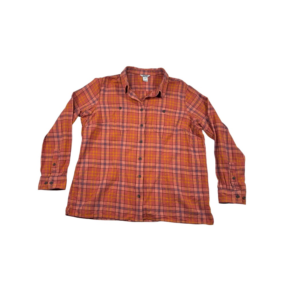 Duluth Trading Co Womens XL Plaid Flannel Shirt Coral Orange Blue Long Sleeve